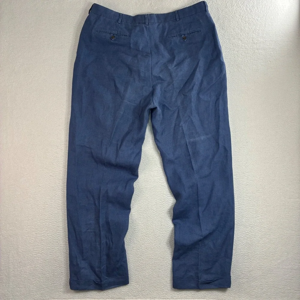Vintage Polo Ralph Lauren Linen Pant Men 38x32 Blue Pleated Cuffed Dress Trouser